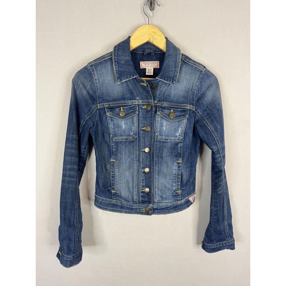 Vintage 90s Guess Jeans American Tradition Distressed Denim Trucker Jacket‎ XS